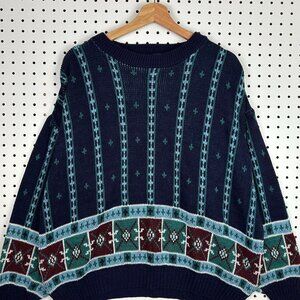 TownCraft Chunky Golf Sweater Women Large Nordic Knit Blue Green Pattern Grandma